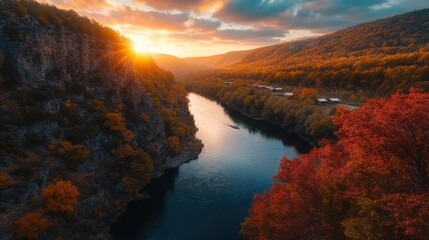 Wall Mural - Photographic works, autumn, canyon, sunset, golden light all over the sky, red maple, river shuttle, cabins scattered on both sides of the river
