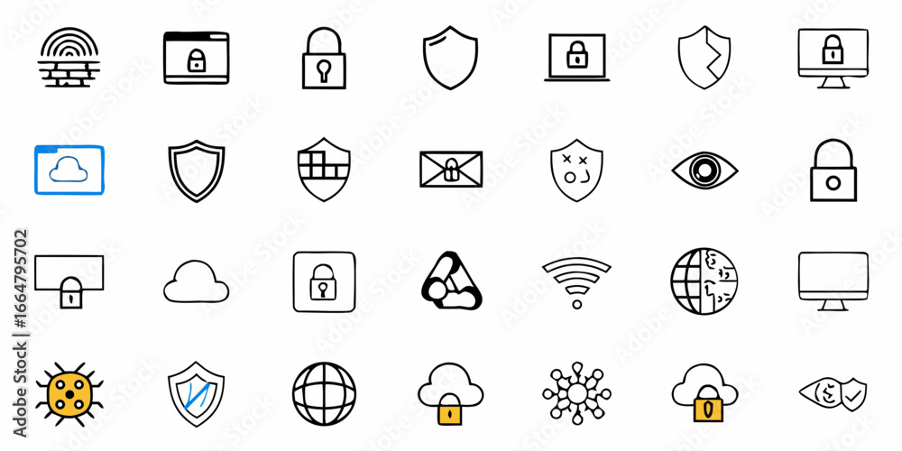 Collection of security icons featuring locks, shields, clouds, and ...