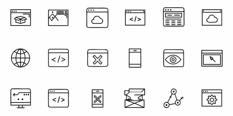 Collection of website and application icons representing various online and software functions shown in line art