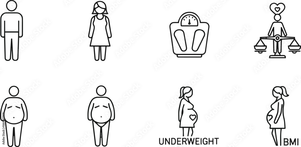 Body Weight Graphics Isolated a People body different weights line icon set. Vector ...
