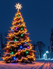 Wall Mural - A majestic Christmas tree, adorned with twinkling lights, stands silhouetted against a snowy night landscape, branches, nature, winter wonderland
