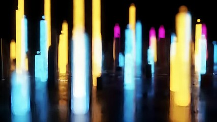 Abstract city scape with blurred, vertical, colorful glowing pillars