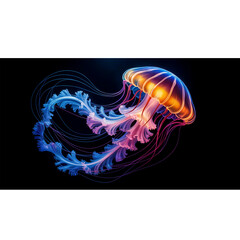 Wall Mural - Beautiful glowing jellyfish illustration with elegant tentacles swimming in deep dark water