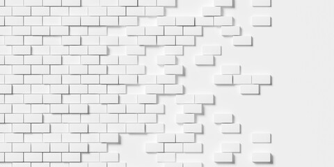 Wall Mural - Large white boxes or bricks with random height offset geometry brickwall background wallpaper banner, fading out to the right, flat lay top view