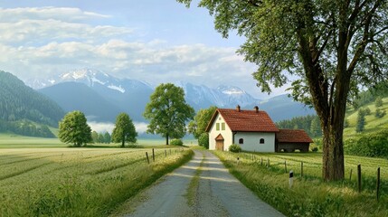 Wall Mural - peaceful scenic landscape with house and mountain backdrop