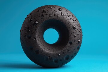 A black donut-shaped object with water droplets.
