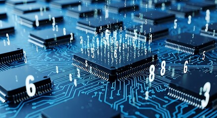 circuit board with processors and floating numbers.