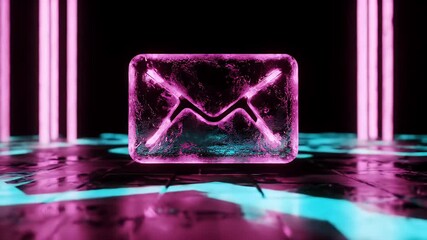 Illuminated Email Envelope Icon in Pink and Teal Glowing on a Reflective Surface