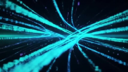 A digital stream of blue light streaks across a dark background with binary code floating around it