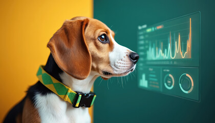 Beagle dog with vibrant green collar gazes at computer screen displaying graph. Intelligent pet wearing colorful collar on gray surface, surrounded by data visualisation. Pet care meets technology.