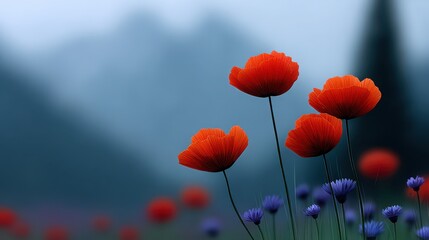 Wall Mural - A field of red flowers with blue flowers in the background