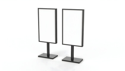 Two modern black freestanding sign holders with blank white displays, isolated on a white background for mockup use