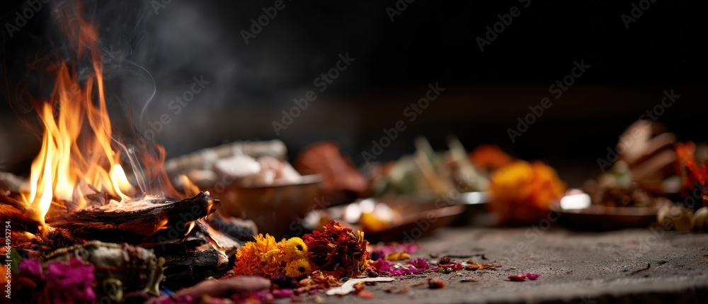 Indian Fire Ritual Sacred Hindu ritual fire ceremony with vibrant marigold flowers and ...