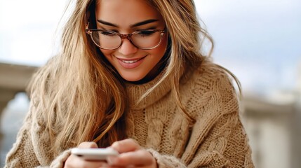 Smiling woman in beige sweater using smartphone, digital lifestyle
