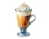 Hand-drawn illustration of a glass Irish coffee.  A light-brown coffee drink topped with whipped cream sprinkled with cinnamon.  The glass is clear with a footed base and handle