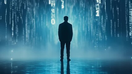 Silhouette Contemplating Digital Future, Standing Before Matrix-Like Data Stream