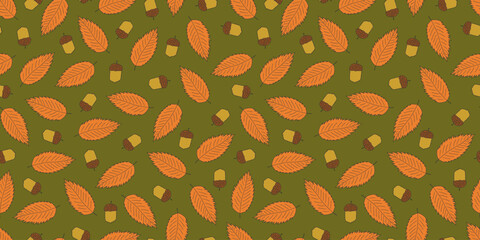 Wall Mural - autumn bright seamless pattern with falling leaves and acorns. hand drawn repeatable october oak bac