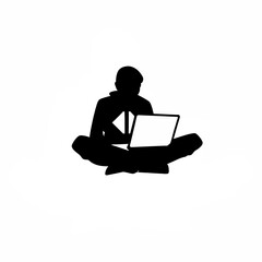 Programmer sitting cross-legged on floor, coding on laptop silhouette on white background
