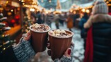 Two hands holding steaming cups of hot chocolate at a festive Christmas market.