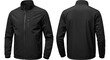 © Design - Front and back view of a black zippered casual jacket with a stand-up collar and pockets.
