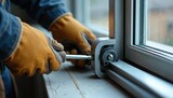 Construction worker adjusts rail wheel of sliding window with screwdriver. Repairman fixes aluminium door window assembly. Installing new window at home maintenance service. Problem solving at work.