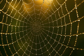 A golden spiderweb glistens with morning dew, its intricate threads illuminated by the rising sun, creating a mesmerizing pattern of natures artistry in a macro view, capturing the delicate beauty of 