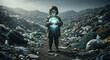 © PixelDust_ - Child holding glowing earth globe in a polluted environment, environmental concept