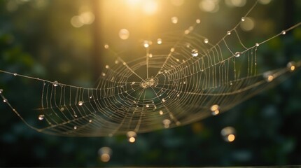 Delicate spider web with sparkling dew drops in golden morning light.