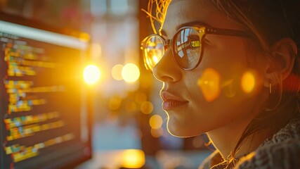 Woman with glasses looks at a brightly lit computer screen displaying code
