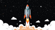 © MIRAJ02 - A cartoon rocket ship blasting off into a starry night sky with clouds
