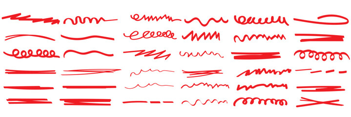 Wall Mural - red line pen strokes, shapes, highlight underline lines isolated on white background. simple charcoa