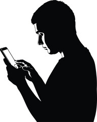 Silhouette of a man using his smartphone, typing a message and browsing internet with mobile device in his hand