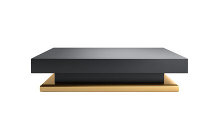 Modern geometric dark gray pedestal with gold base isolated on transparent background