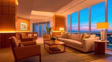 Wall Mural - Luxurious modern living room with sunset view through large windows, showcasing elegant furniture and decor