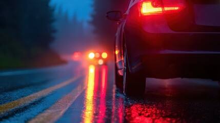 Wall Mural - a sleek car parked on a wet road during a rainy evening, with blurred headlights in the background