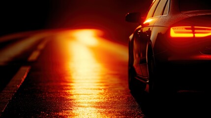 Wall Mural - A sleek car parked on a wet road reflecting a vibrant sunset, with distant hills in the background