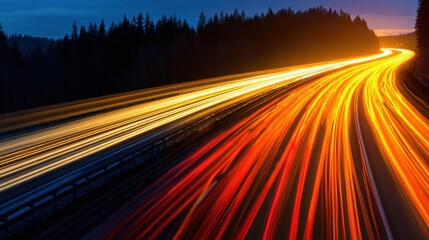 Wall Mural - Long exposure shot of vibrant light trails on a highway surrounded by dark forests at dusk