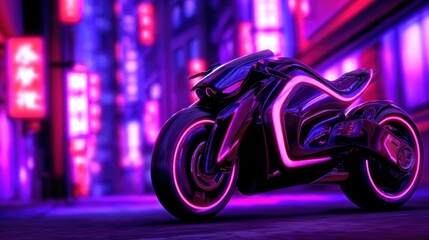 Wall Mural - futuristic motorcycle parked in a neon-lit urban environment, showcasing vibrant city lights at nigh
