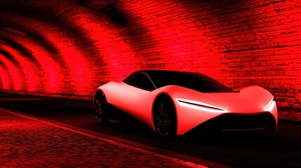 Wall Mural - sleek and modern sports car illuminated by red lights in an urban tunnel at night, showcasing dynami