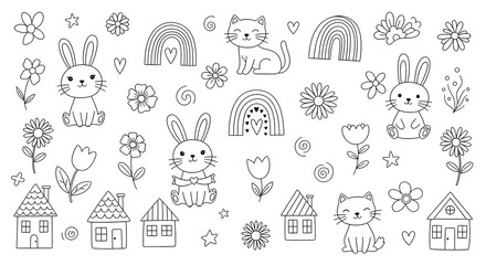 Cute kid icon element line flower, cloud, heart background. Hand drawn doodle cute cartoon scribble sticker element set. Flower, heart, cloud children elements background. Vector illustration
