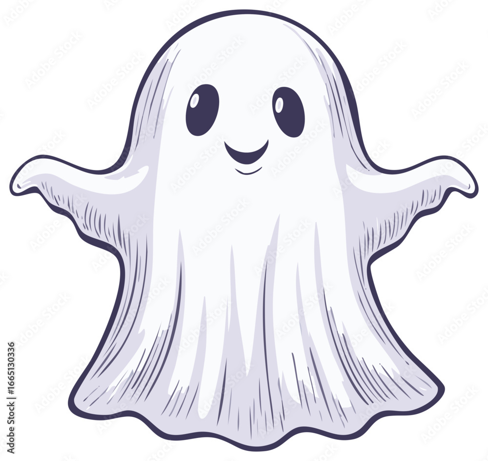 Cute friendly ghost character with wide eyes and a smile waving arms ...