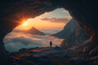© Israt - Man standing in cave opening overlooking foggy mountain sunrise