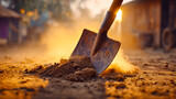 Shovel digging into soil at sunset on a construction site