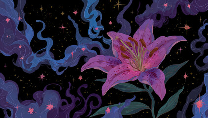 cosmic lily in a nebula of stars and smoke