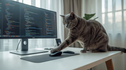 A curious grey cat with bright yellow eyes pawing at a computer mouse on a desk with a monitor displaying code.