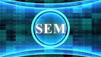 Digital SEM concept with binary code and glowing blue abstract background search engine marketing digital marketing