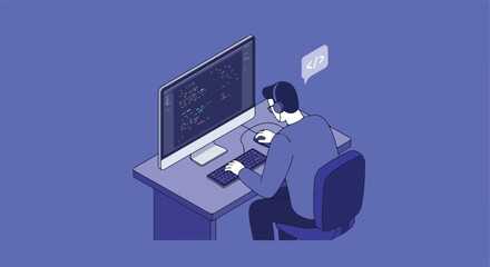 Developer wearing headphones coding at a desk, coding background; for design