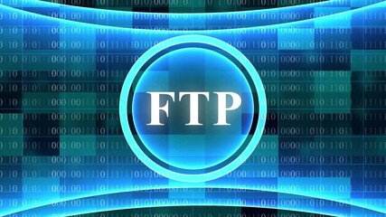 FTP technology concept with glowing blue binary code and circular interface file transfer protocol