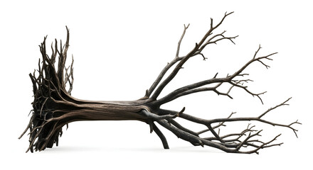 Fallen uprooted tree rootball and bare trunk isolated on white — dramatic overturned tree with exposed roots