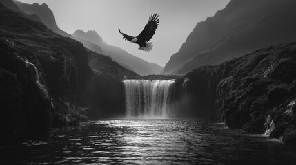 Wall Mural - a majestic waterfall where splashing water forms the shape of a soaring eagle